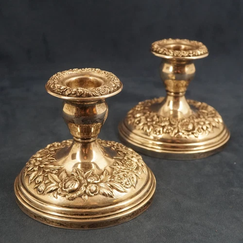 S. Kirk & Son Floral Motif Weighted Sterling Candlestick Holders - Free Ship USA