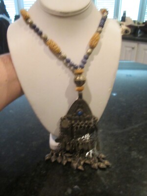 ARTISAN CRAFTED NECKLACE & MASSIVE PENDANT STONES & CARVED BEADS 25'' L  -BBA-33G