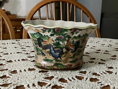 Vintage Crackle Glaze Chinese Porcelain Planter Bowl Roosters and Hens