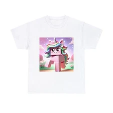 Playful 3D Block Video Game Style Unicorn T-Shirt Rainbow Mane Sparkle Cute Fun