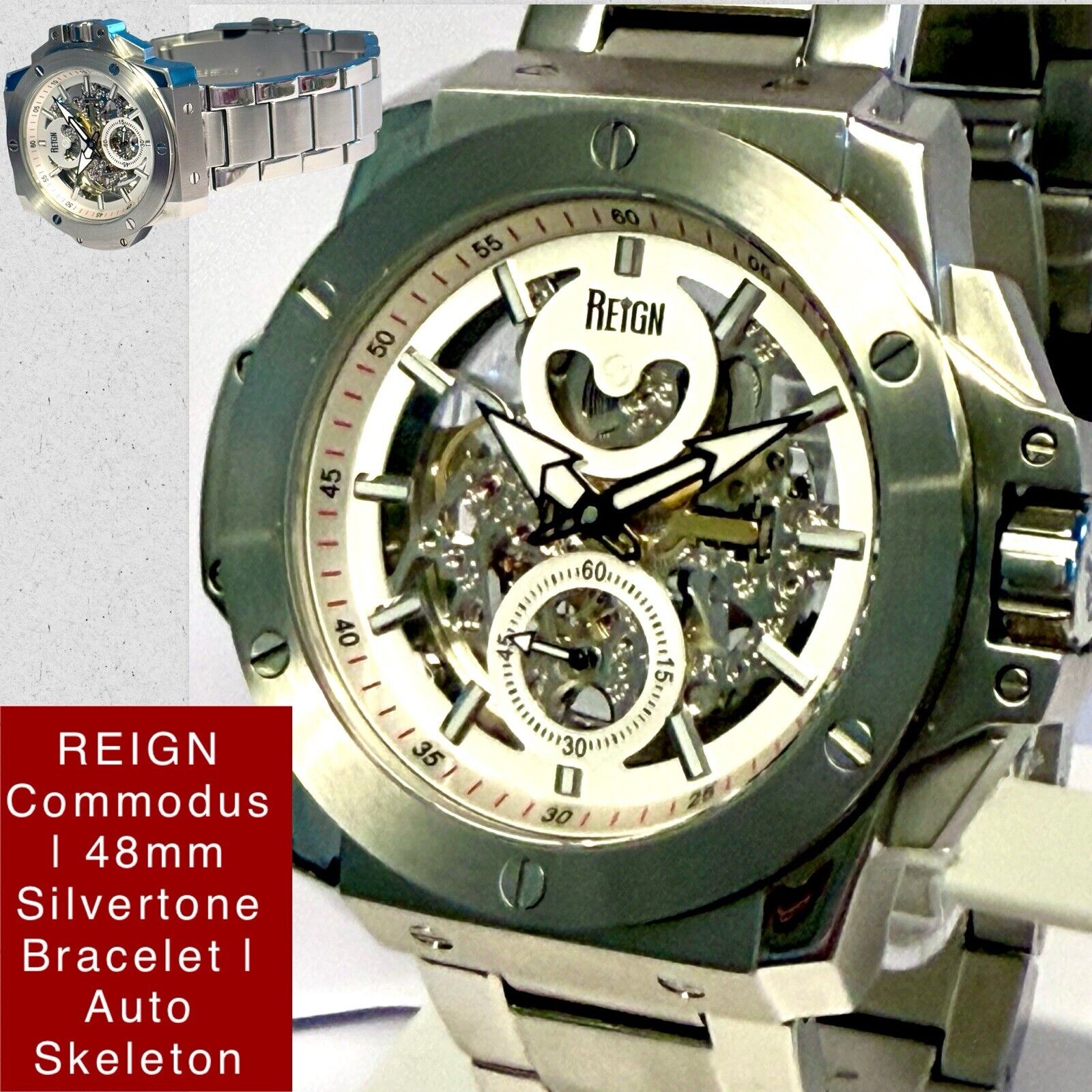 48mm Auto Skeleton & White Dial | Silvertone Brac… - image 3