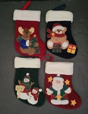 Set of 4 Small mini 7" plush embroidered Christmas stocking with inside lining.