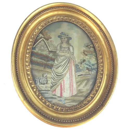 Ein bezauberndes antikes georgisches Hirtenbild bestickt & Aquarell um 1800 - Bild 1 von 6