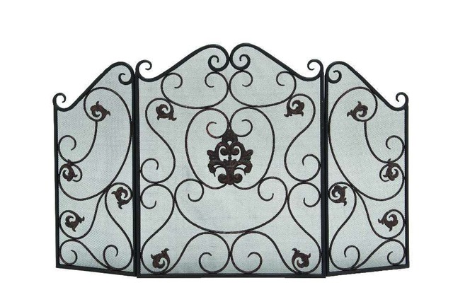 Metal Fire Screen With Traditional Floral And Wire Mesh Design