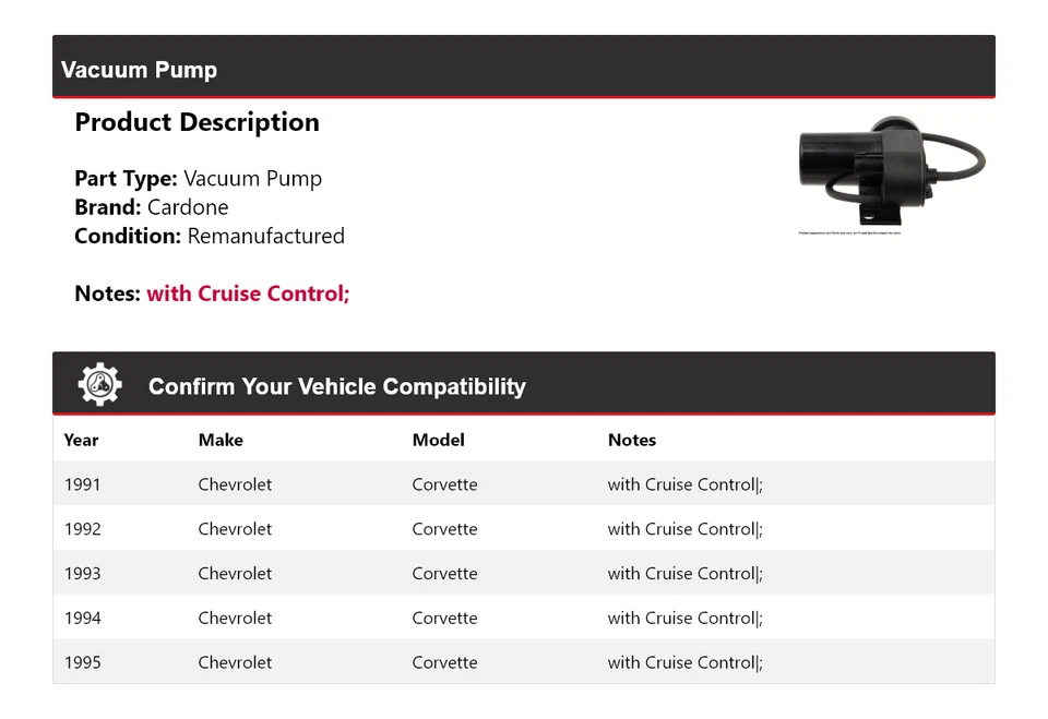 Bomba de vacío Cardone 1992 1993 1994 Chevrolet Corvette 1991-1995 Foto 2 de 4