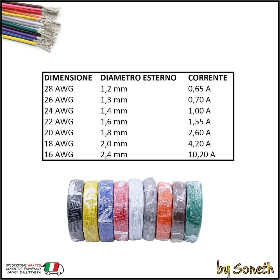 CAVO FILO ELETTRICO UNIPOLARE VARI COLORI 28 26 24 22 20 18 16 AWG