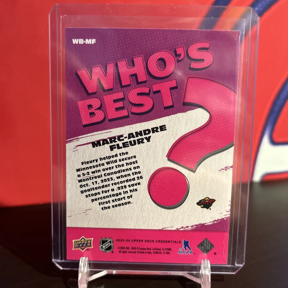 2023-24 Upper Deck Credentials Marc-Andre Fleury Who's Best Minnesota Wild WB-MF - Image 2 of 2