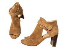 Stuart Weitzman Tan Suede Heels Sandal Buckle Women Shoes Sz 8.5M Made In Spain