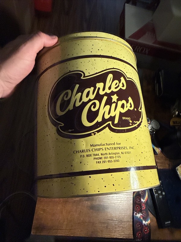 Vintage Charles Chips Round Metal Tin Collectors Yellow and Brown 8 1/2 x 10 1/4