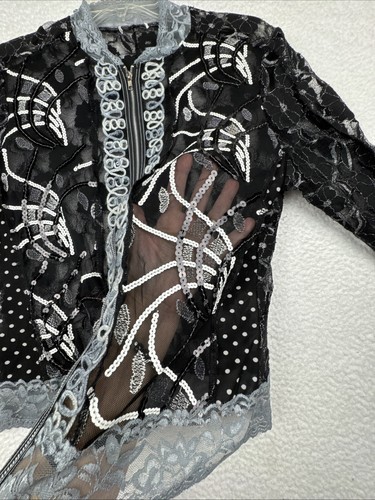 Para mujeres Negro Malla Transparente Encaje Lentejuelas Cremallera Camisa Chaqueta Capricho Bruja Pequeña? - Imagen 9 de 19