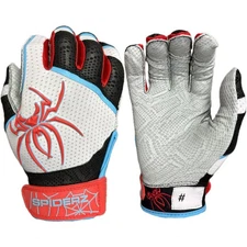 Spiderz 2025 PRO Short Cuff Baseball Batting Gloves, White/Black/Red/Columbia, L