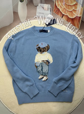   POLO RALPH LAUREN American Cotton Sweater Bear Knit Light Blue Women's S Fast.