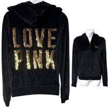 Victoria s Secret PINK Black Velour Gold Sequin Full Zip Hoodie XS Bling Y2K