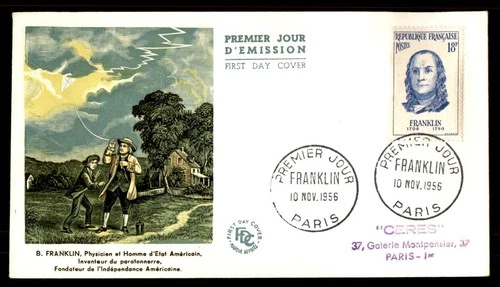 Mayfairstamps France FDC 1956 Ben Franklin Kite Experiment First Day Cover aaw_8