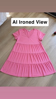 Crown & Ivy Bubblegum Pink Tiered V Neck Swing Dress Knit Soft Lightweight
