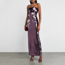 Sparkling Purple Sequin Evening Gown Ankle Length Strapless 3D Floral Ball Dress