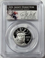 2000 W PLATINUM $50 PROOF AMERICAN EAGLE 1/2 OZ DIEHL SIGNED PCGS PF 69 DCAM 4070.00 per troy oz