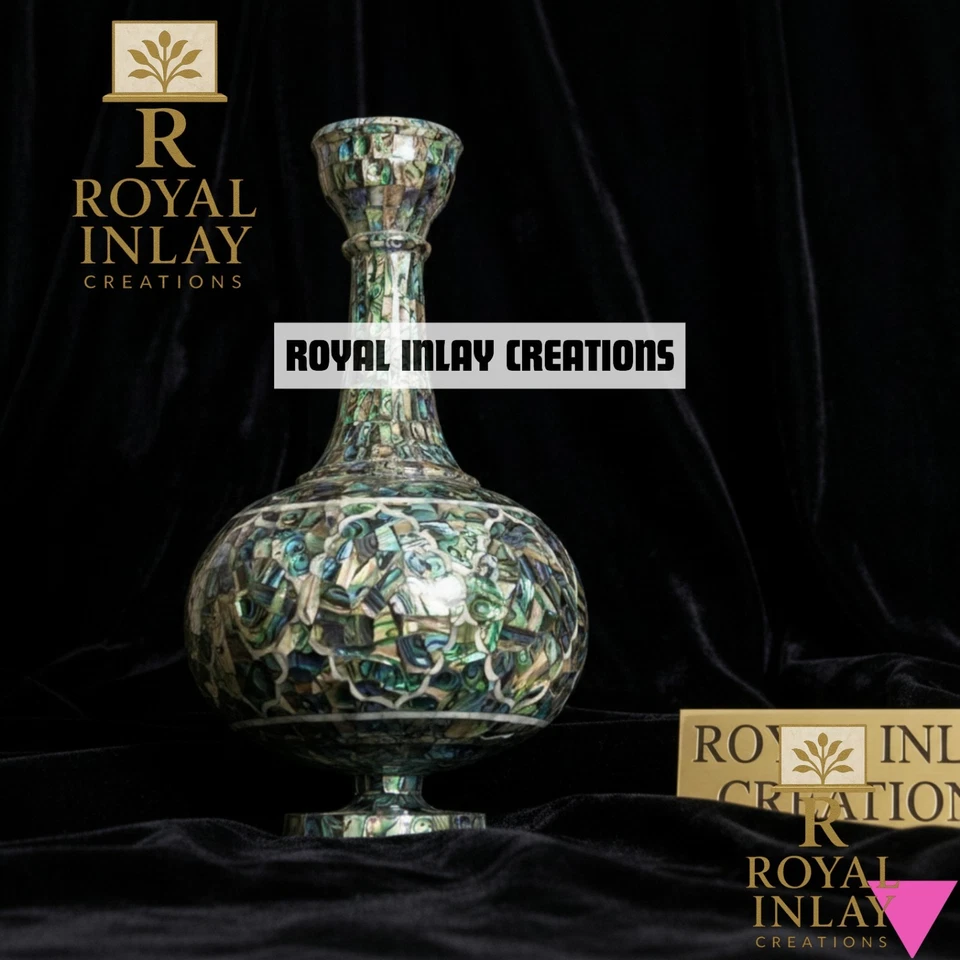 Abalone Muschel Intarsien Vase - Handarbeit Luxus Dekor - Edelstein Akzent Stück 15"