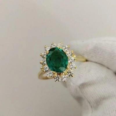 Oval Cut Simulated Emerald Anniversary Halo Womens Ring 14K Yellow Gold Plated