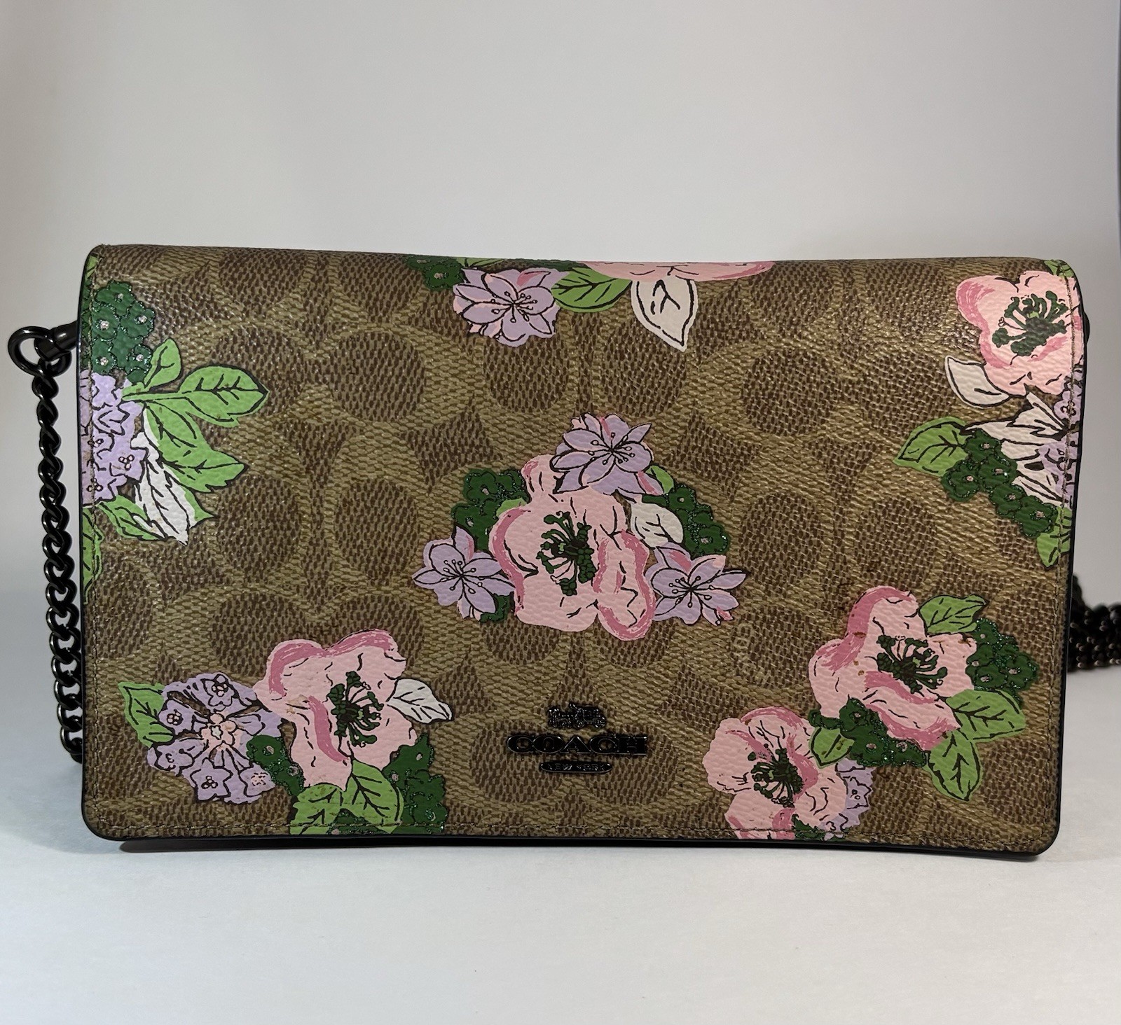 Coach Signature Monogram Leather Crossbody Bag Flower Print Brown Chain Strap image 4