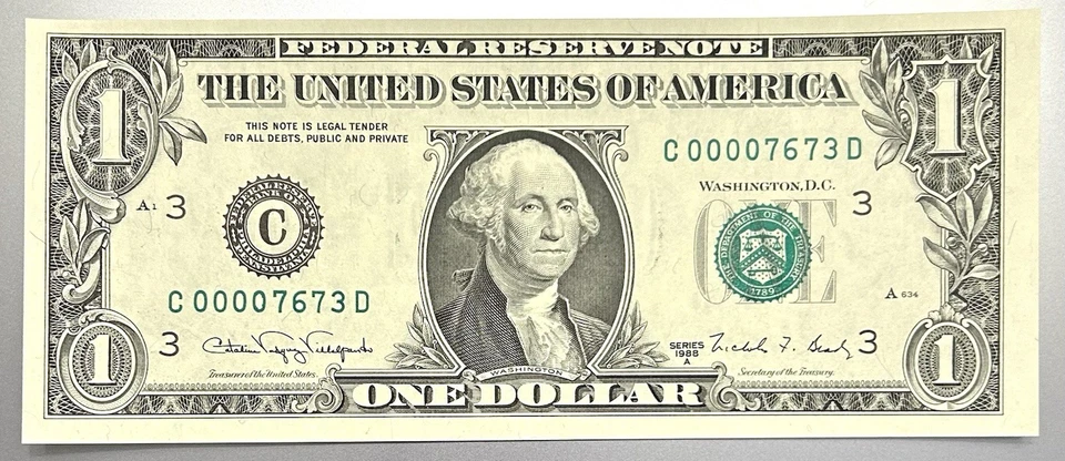 00007673 - Fancy Low Serial - GEM 1988A $1 Bill Federal Reserve Note - Image 2 of 3