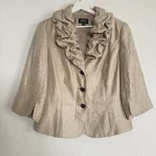 Adrianna Papell Evening Essentials Sz 10 Crape Beige Black Stones Button Blazer