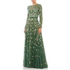 New Mac Duggal 5533 Floral Beaded Crew Neck Long Sleeve Pleated Chiffon Gown 6