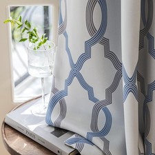 100 Blackout Curtains 63 Inches Long for Bedroom, Blue Grey on White Morocca...