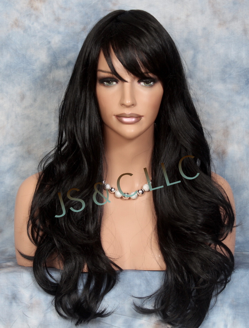 Human Hair Blend Full Wig Heat OK Long Semi Wavy Black 