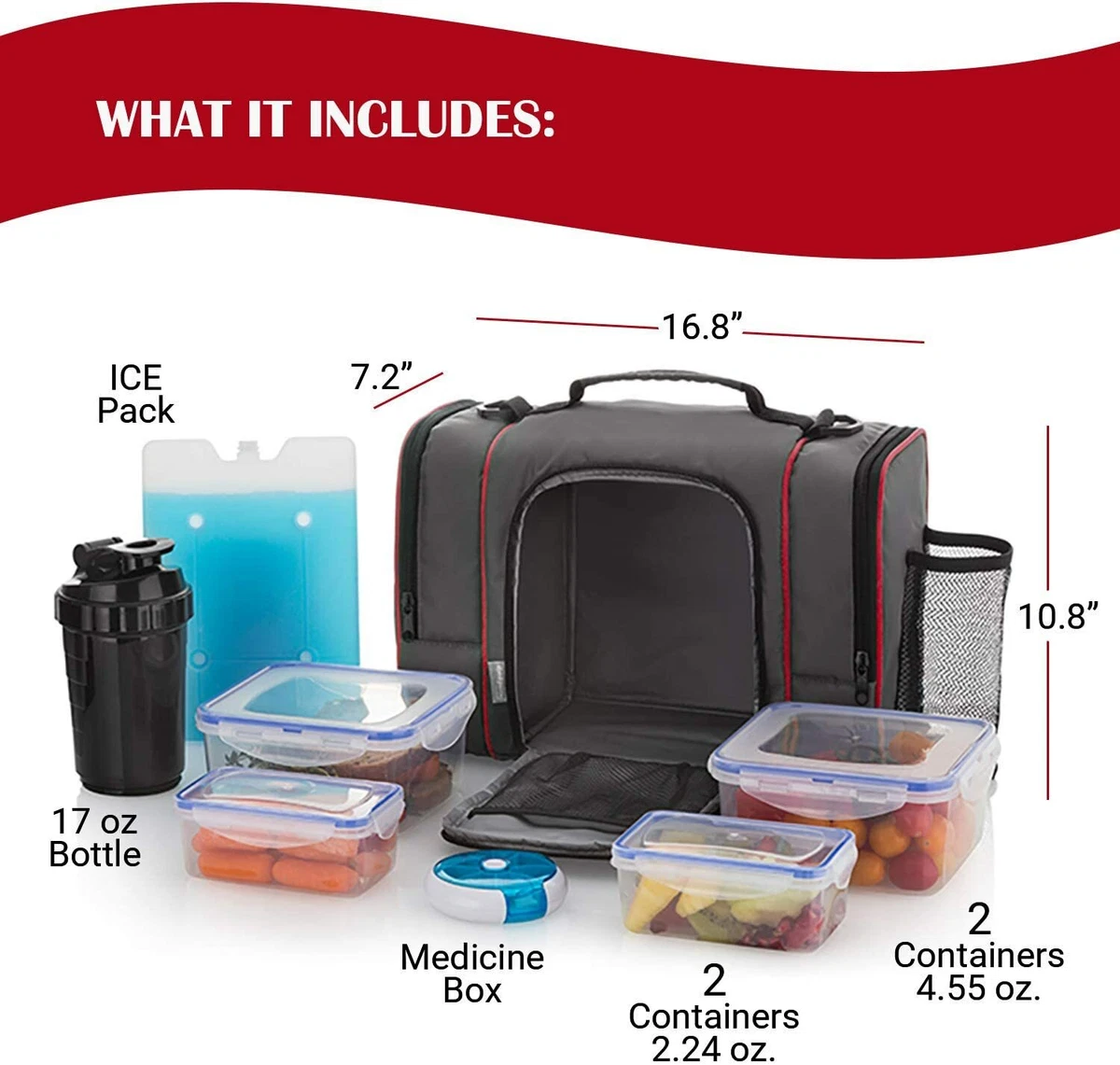 HomEquip Large Lunch Bag With 4 Food Containers, Water Bottle +