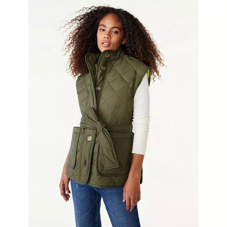 Women's Quilted Vest With Belt Military Green Sz M BNWT