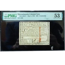 May 5, 1780 Massachusetts Colonial Note Fr#MA-285CT $20 PMG 53 *Counterfeit*