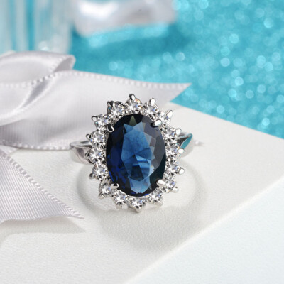 Platinum Plated Oval SAPPHIRE BLUE CZ Halo Ring Princess Diana Style Women Ring