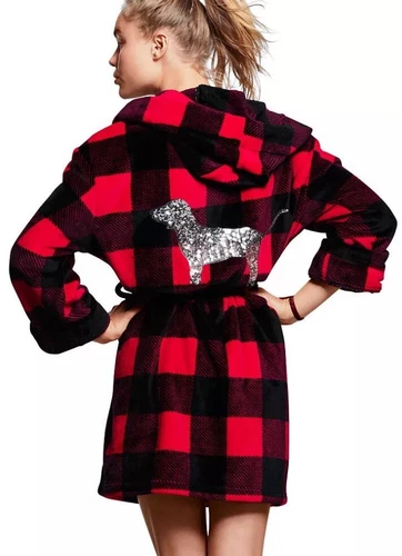 NWT Victoria's Secret Soft RED PLAID Sequin Sparkle Plush Robe xs/small Cozy