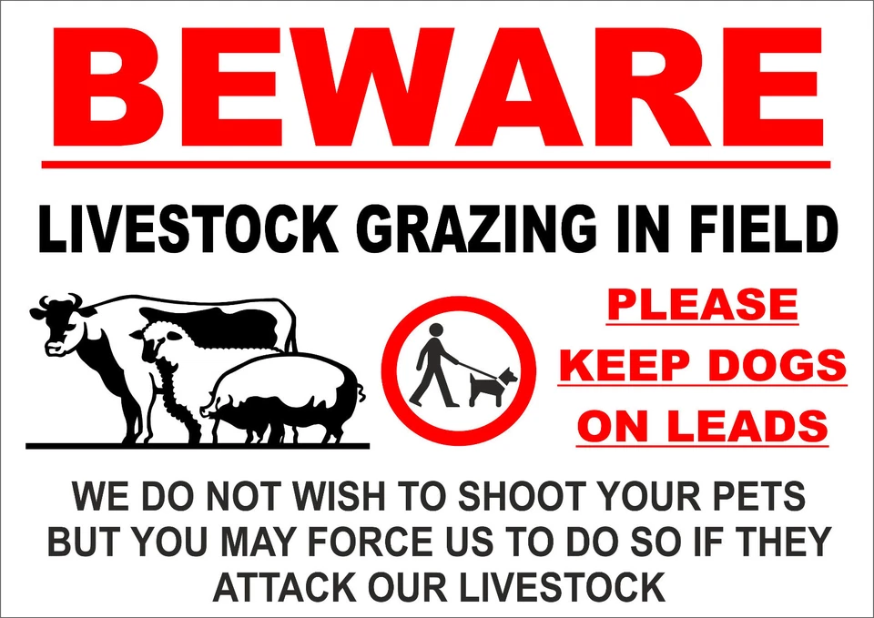 BEWARE LIVESTOCK GRAZING .. DOGS ON LEADS .. PETS SHEEP COW sign or sticker farm