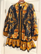 Farm Rio Black Majestic Garden Beaded Buckle Long Sleeve Mini Dress small
