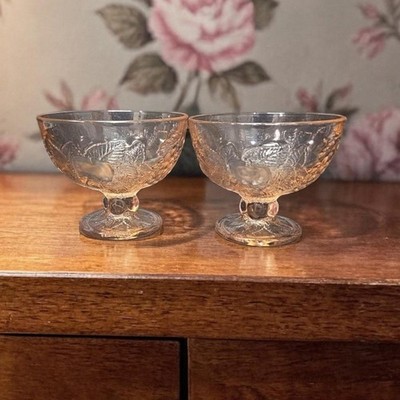 Pasabahce Pink Dessert Bowls, Set of 2, Vintage Fruit Design, Footed Glassware