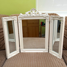 Vintage White Folding Tri-Fold Vanity Tabletop Mirror Wood Frame 74x55cm