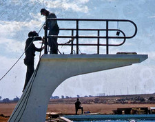 ORIGINAL VINTAGE SLIDE: Navy Sailors Swimming Pool Construction Diving Board 50s
