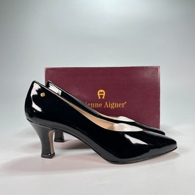 Etienne Aigner Priscila Black Patent Leather Kitten Heel Pumps Women's Size 8.5M