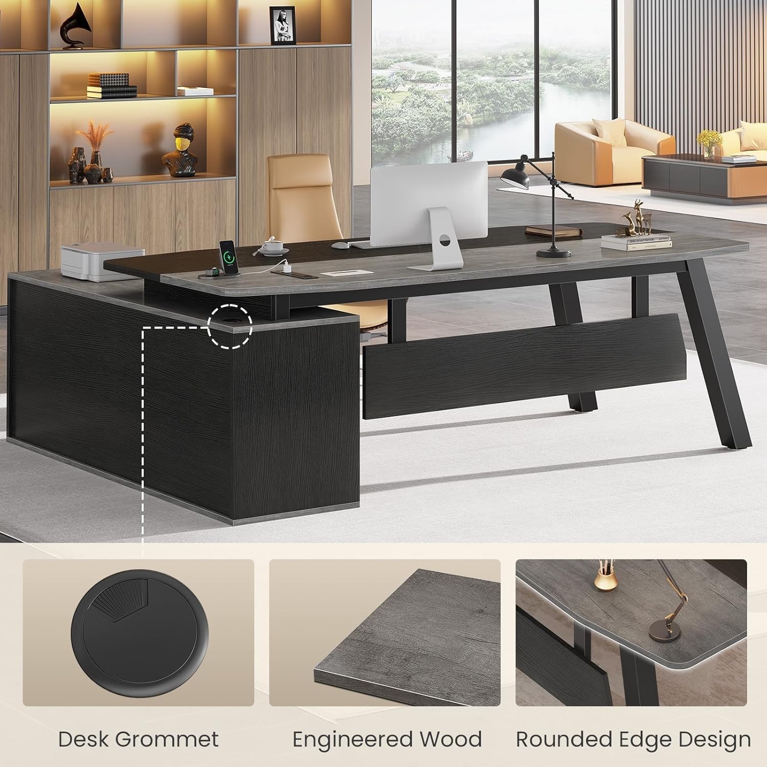 71" Executive Desk with Drawers &Shelves, L Shaped Computer Desk for Home Office