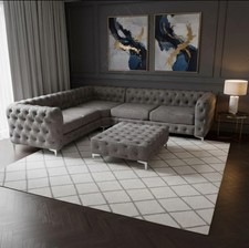 MONACO 5 SEATER 2C2 CORNER SOFA IN GREY VELVET CHESTERFIELD SETTEE COUCH UK