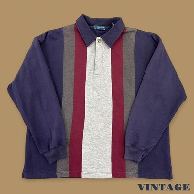 Vintage 90er Jahre Sweatshirt gestreift mit Knopfkragen Navy Blau XL