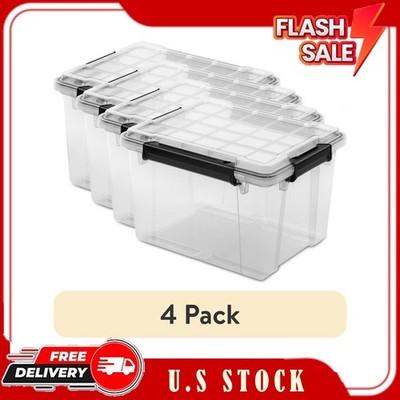 4 Pack Sterilite 34 Qt Gasket Storage Box Clear Plastic Bin w/ Lid Black