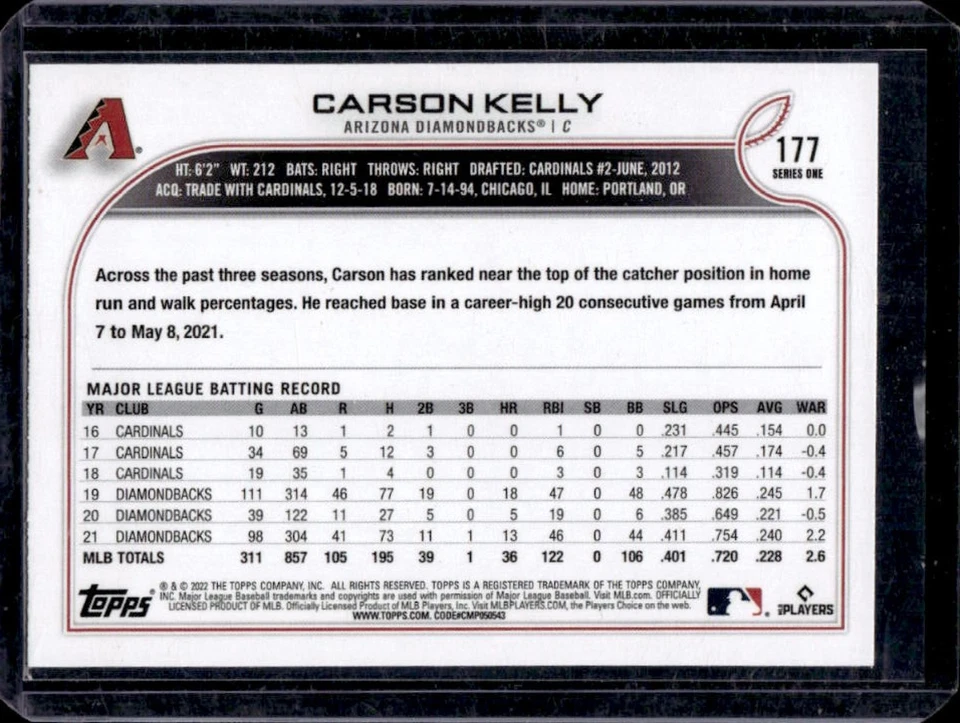 2022 Topps Carson Kelly #177 Diamondbacks - Image 2 of 2