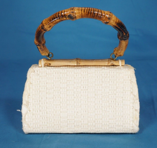 VTG GIRL'S PURSE BAG Easter Church PLASTIC COVERED STRAW Bamboo Handle FLOWERS - Picture 5 of 9