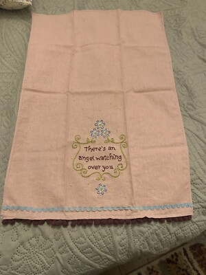 Antique Hand Embroidered Kitchen Towel-Ric Rac  An Angel Is Watching Over You 