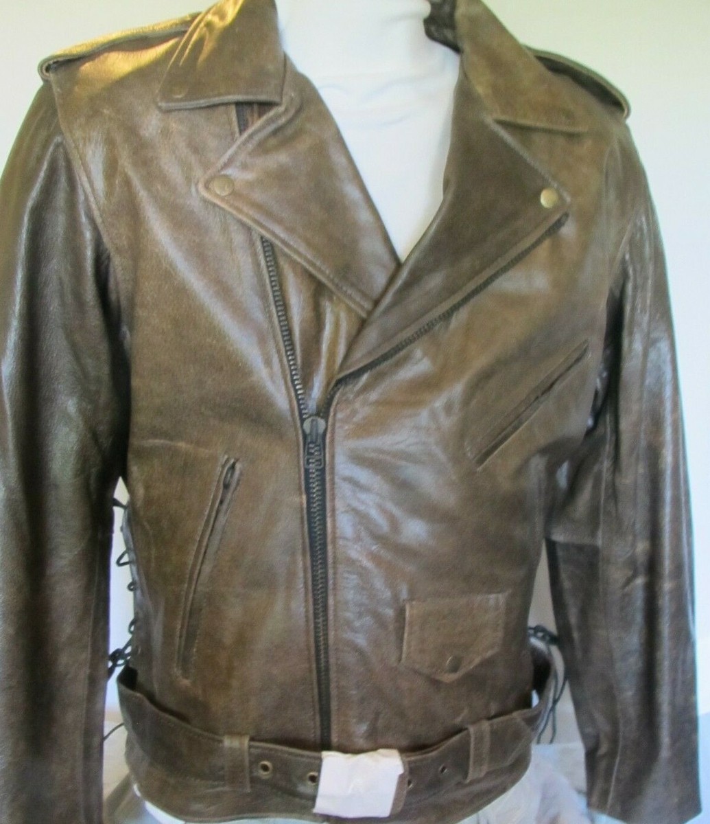 NEW Distressed Brown Leather Biker Jacket ARMORED & VENTED Large