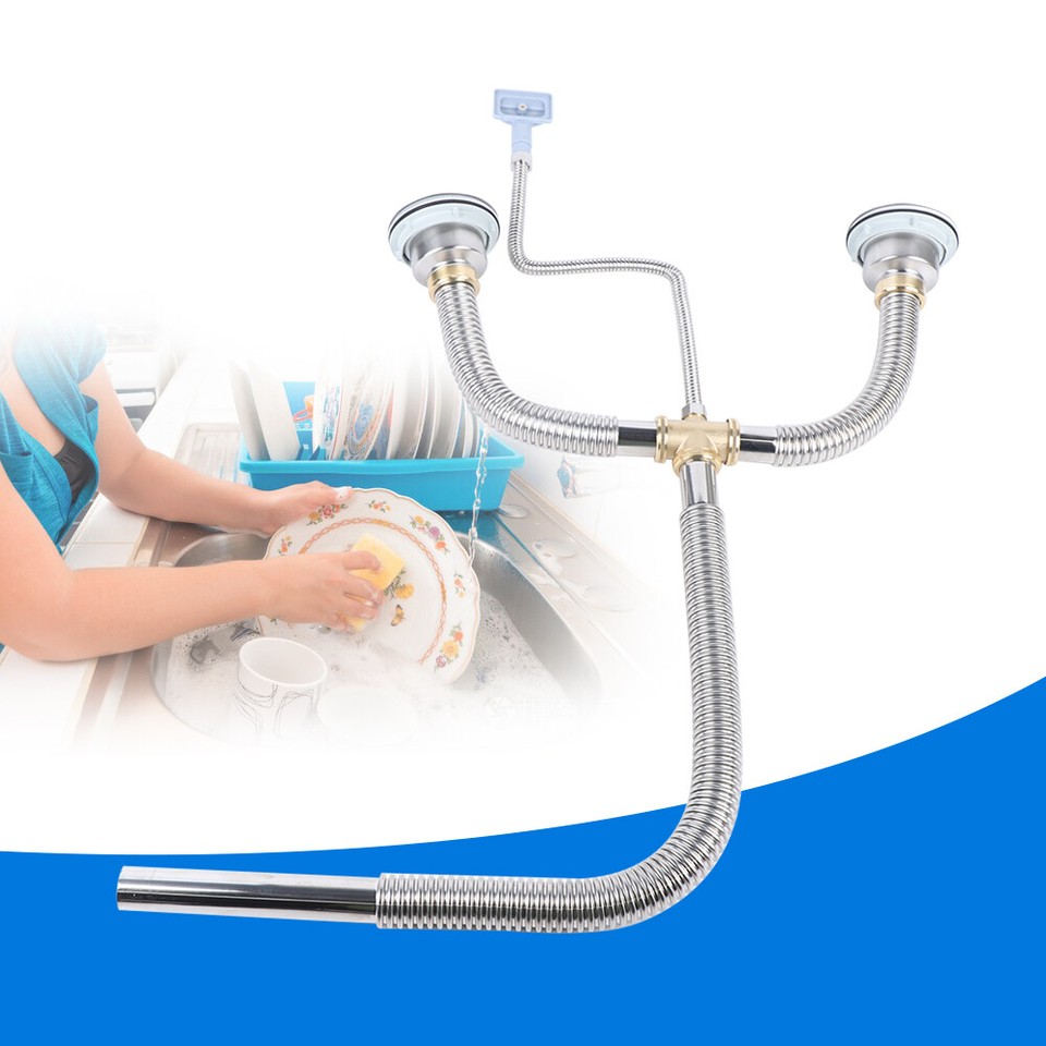 Drain Kit Double Bowl Kitchen Sink Pipe Plumbing Replacement Stainless