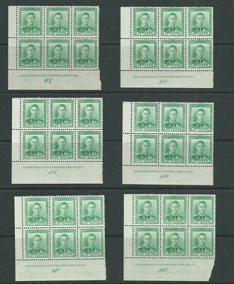 NEW ZEALAND 1938 KGVI 1d GREEN 6 plate blocks of 6 (incl 108 and